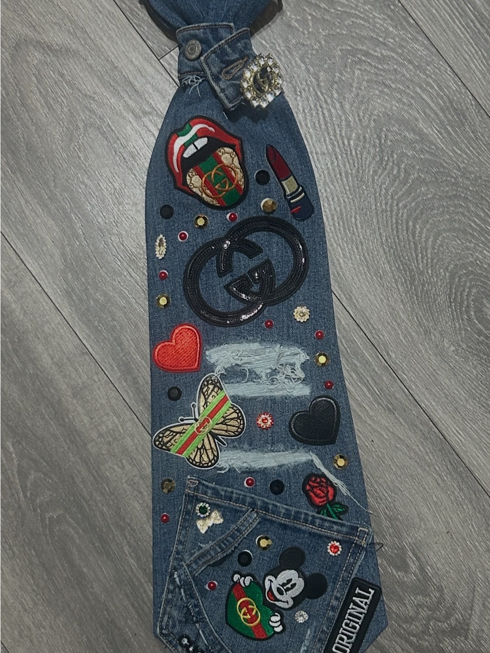 XXL JUNK Embellished Blue Denim Jeans Necktie with Patchwork Accents